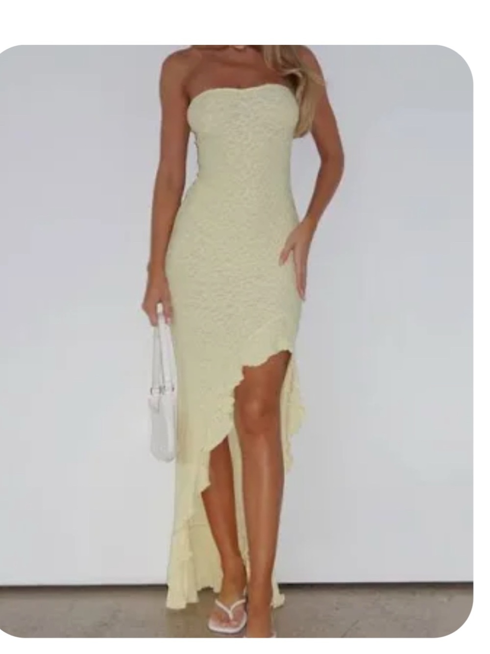 white fox Strapless Lace High-Low Dress lemon